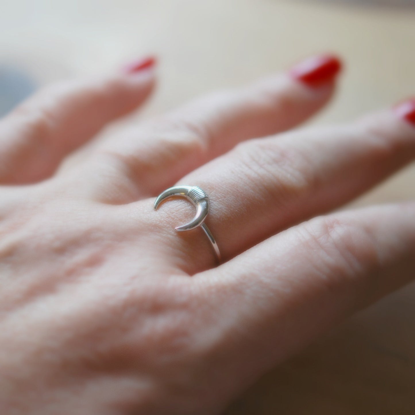 Silver crescent moon ring