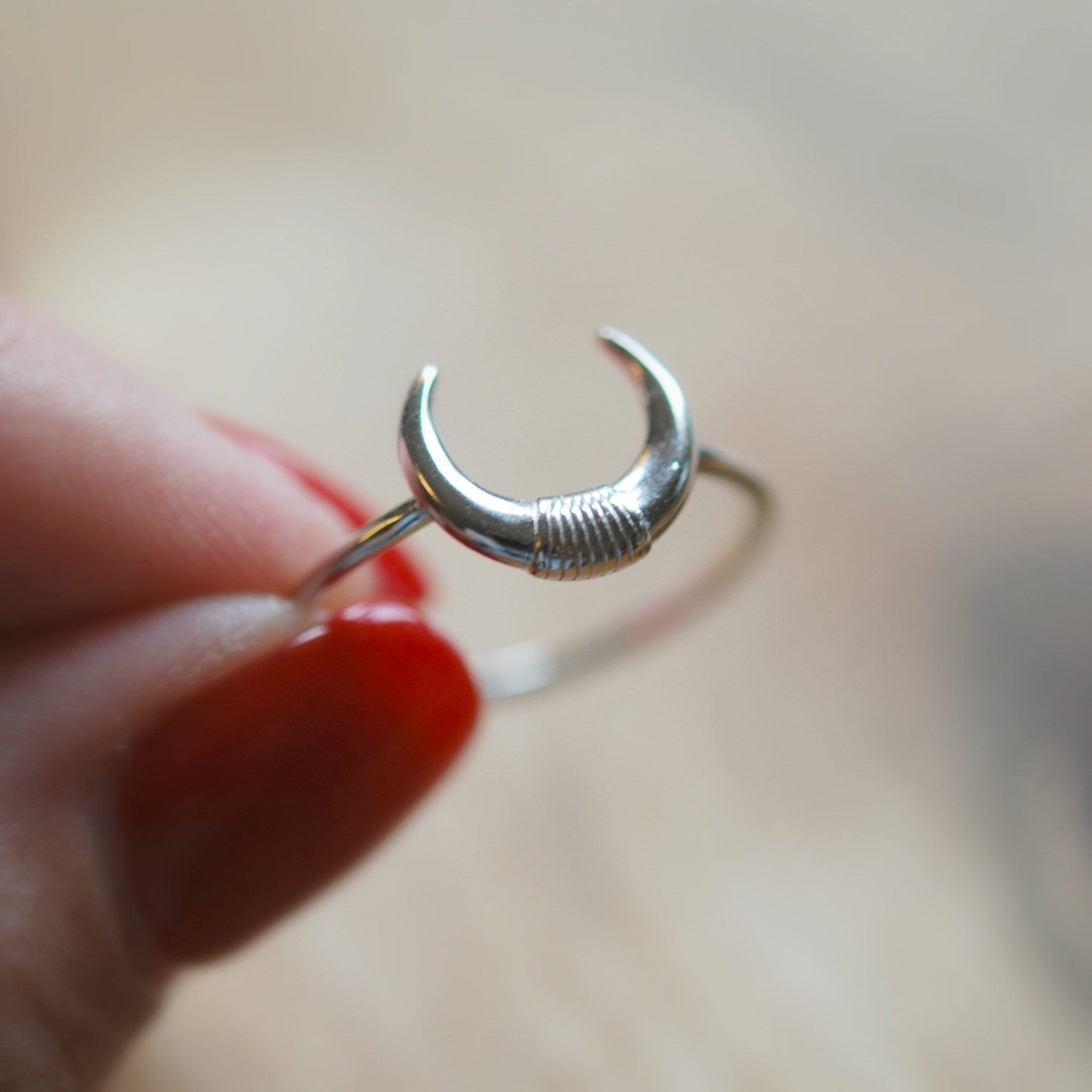 Silver crescent moon ring