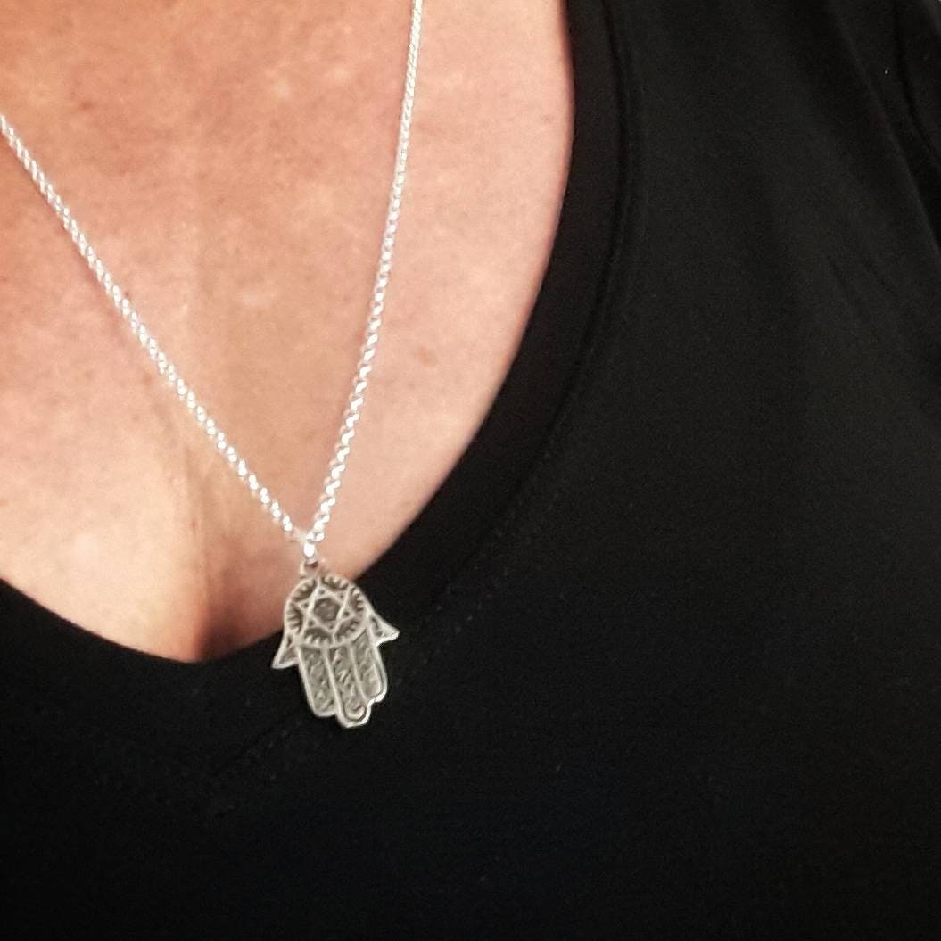 Sterling silver hamsa necklace, silver hand of fatima, hamsa hand pendant, star of david, protection necklace, talisman jewelry amulet charm