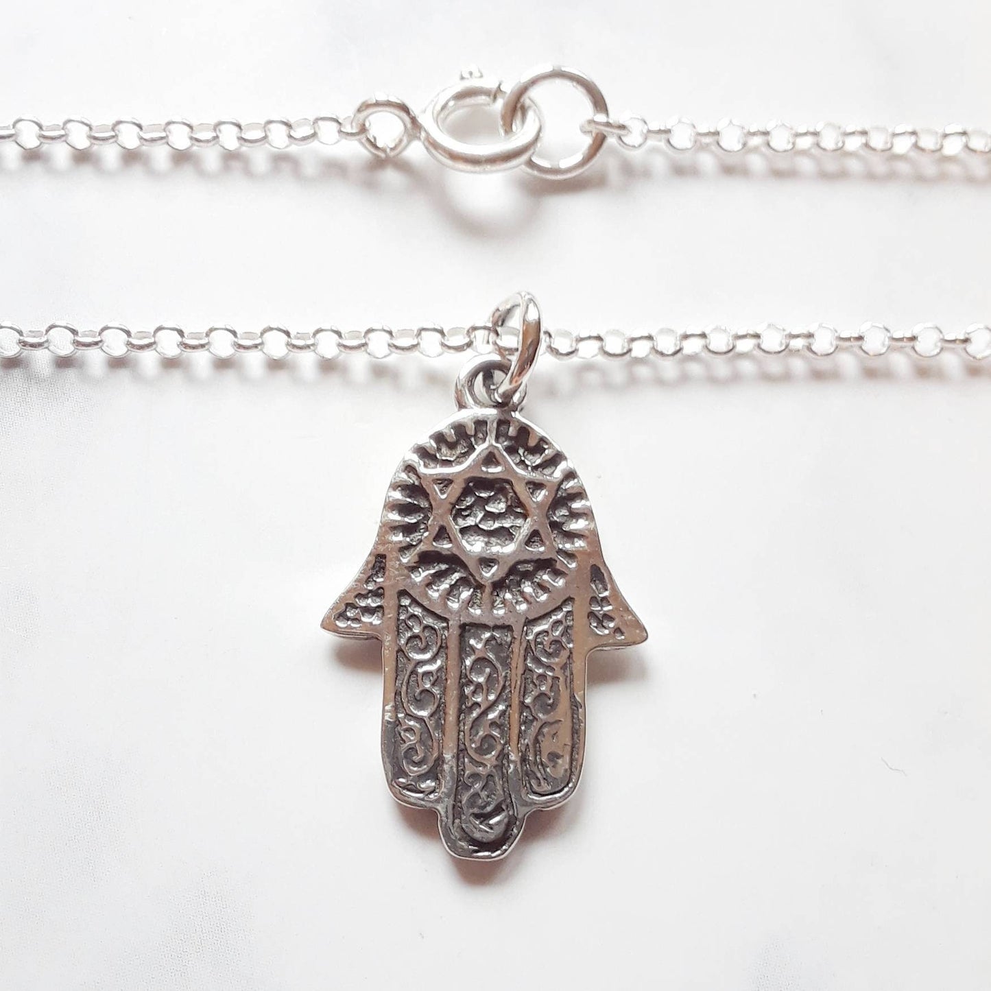 Sterling silver hamsa necklace, silver hand of fatima, hamsa hand pendant, star of david, protection necklace, talisman jewelry amulet charm