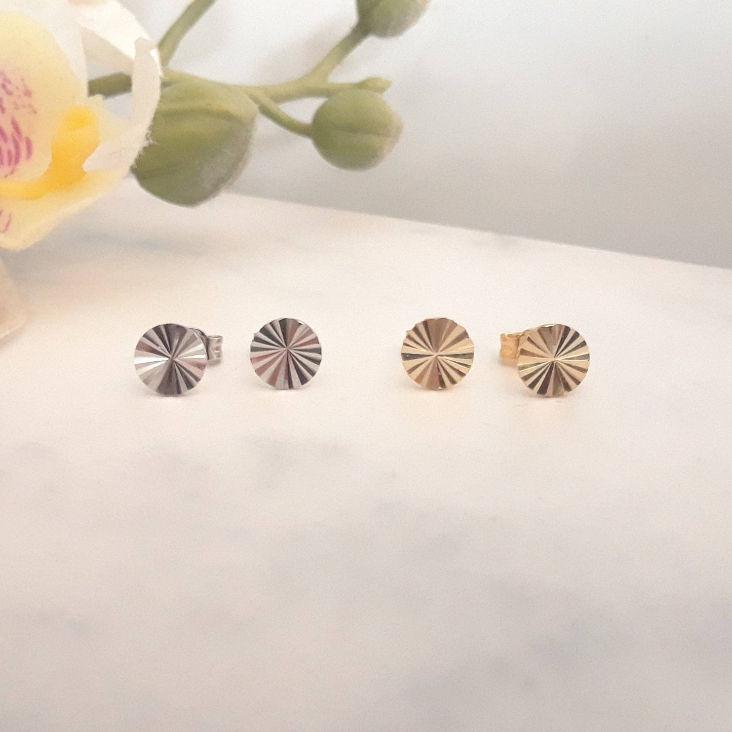 Starburst disk stud earrings, gold disk earrings, sterling silver circle earrings, silver earrings, minimalist silver stud, modern gold stud