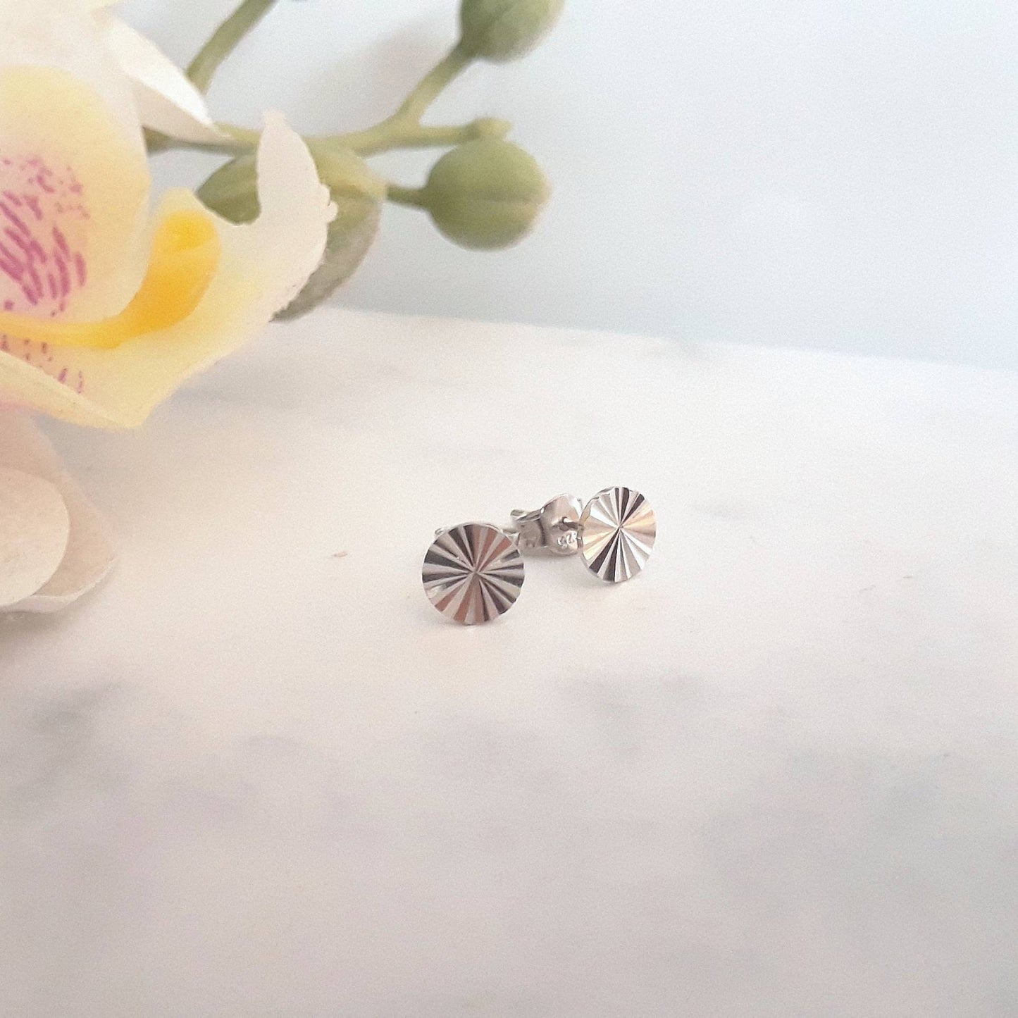 Starburst disk stud earrings, gold disk earrings, sterling silver circle earrings, silver earrings, minimalist silver stud, modern gold stud