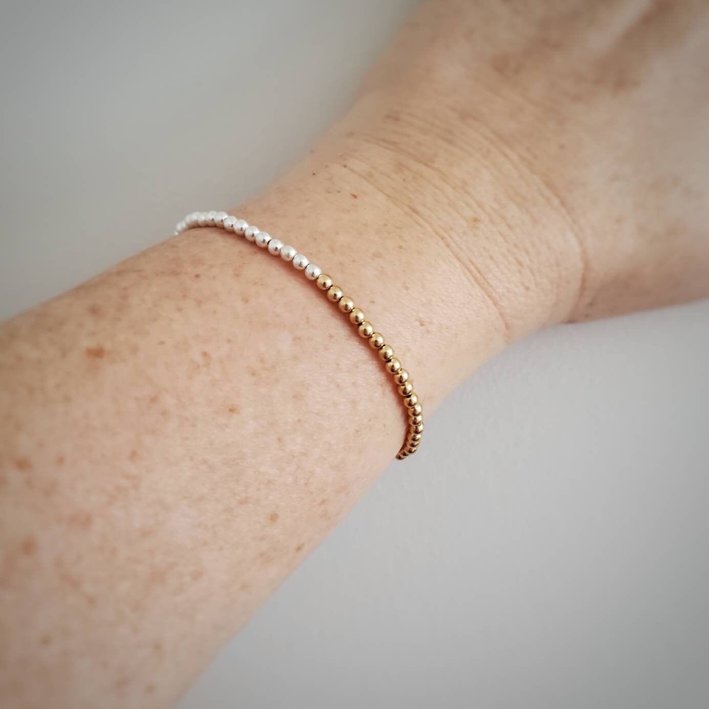 Sterling silver and gold ball bracelet, half and half, stretch bracelet, stacking bracelet, classic jewelry, 3mm balls, silver bead bracelet