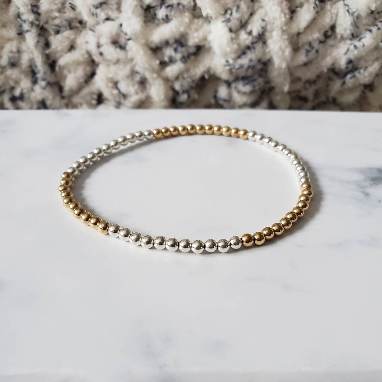 Sterling silver and gold ball bracelet, color blocked, stretch bracelet, stacking bracelet, classic jewelry, 3mm balls, silver bead bracelet