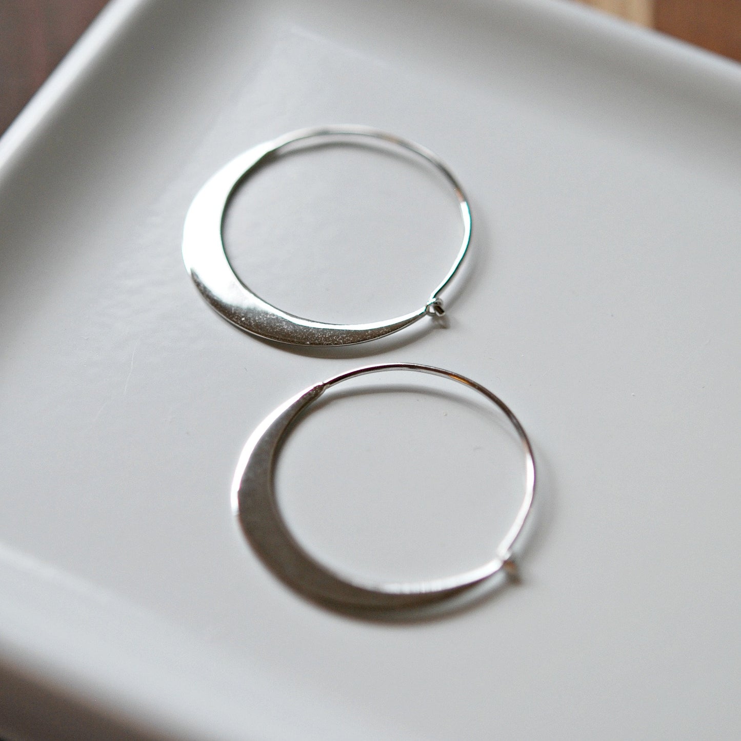 Sterling silver hoop earrings, silver crescent, silver moon earrings, simple hoops, geometric earrings, flat hoop, modern minimalist jewelry