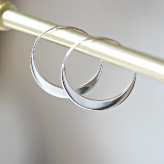 Sterling silver hoop earrings, silver crescent, silver moon earrings, simple hoops, geometric earrings, flat hoop, modern minimalist jewelry