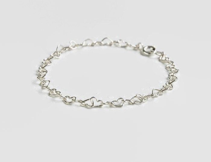 Sterling silver heart bracelet, trendy jewelry, silver linked heart chain bracelet, little girl, best friend gift, heart link bracelet